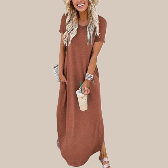 New CASUAL LONG TEE SHIRT DRESS Rust Brown Size L👗 - Picture 1 of 5
